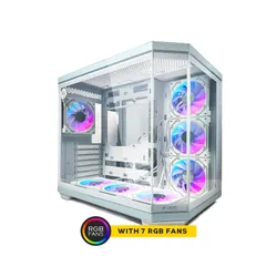 صندوق كمبيوتر ألعاب , ايسر, V950W ميد تاور مع زجاج مقوى على الجانبين الأمامي والأيسر مع 7 مراوح RGB - أبيض