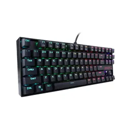 لوحة مفاتيح الألعاب الميكانيكية Redragon KUMARA K552-RGB بثنائي اللغة (عربي وإنجليزي)، تصميم مدمج بدون لوحة أرقام (Tenkeyless)، مزودة بمفاتيح RED Switch اللمسية. تحتوي على 87 مفتاحًا مضادًا للتداخل، إضاءة خلفية بـ19 وضعية، وتصميم أنيق باللون الأسود.